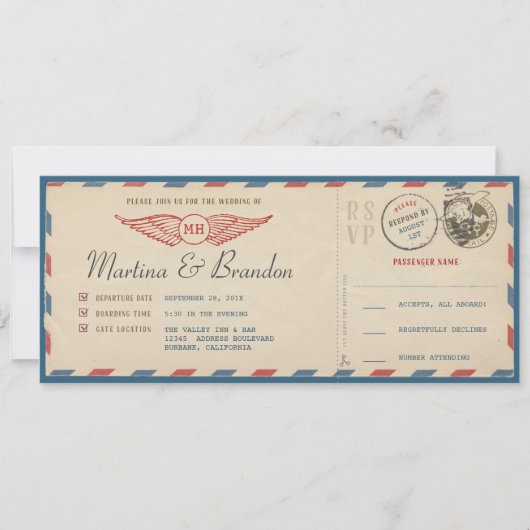 Airmail Boarding Pass Weduwen Uitnodiging (Voorkant)