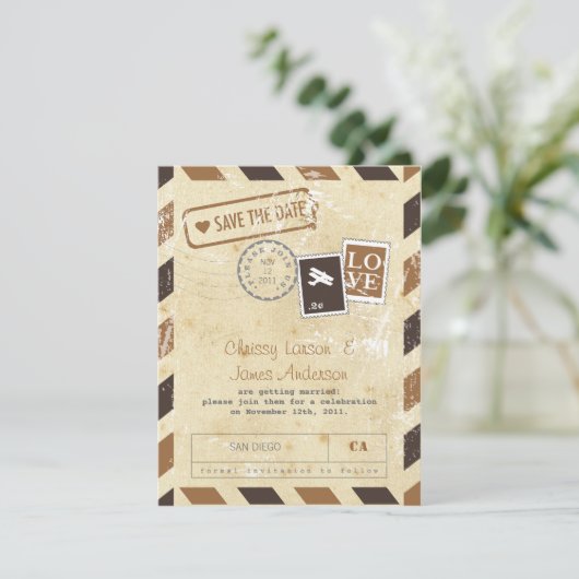 Airmail Card Sla de datum op Save The Date (Staand voorkant)