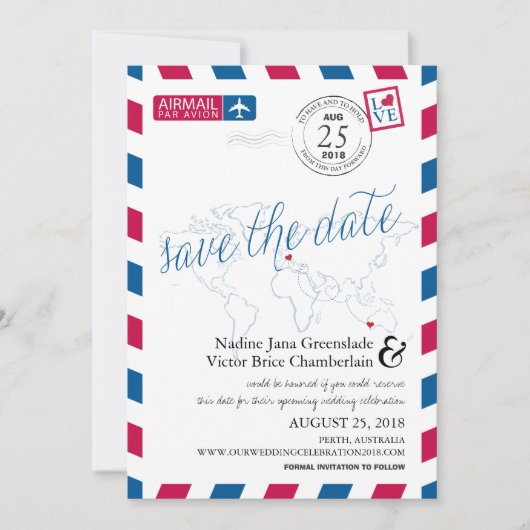 Airmail Heart Italy en Austraila Save the Date (Voorkant)
