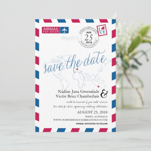 Airmail Heart Italy en Austraila Save the Date (Staand voorkant)