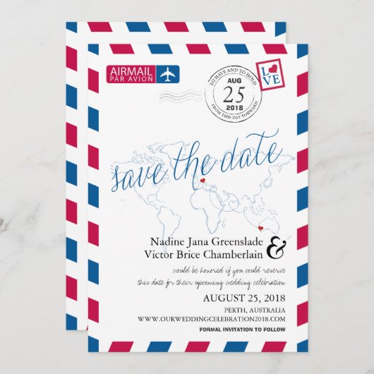 Airmail Heart Italy en Austraila Save the Date (Voorkant / Achterkant)