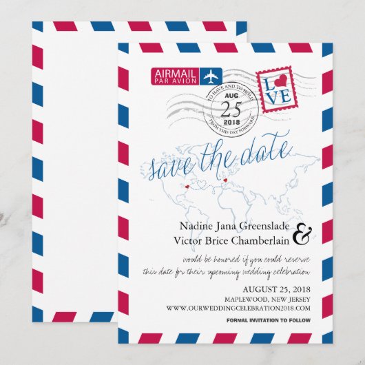 Airmail Heart New Jersey en France Save the Date (Voorkant / Achterkant)