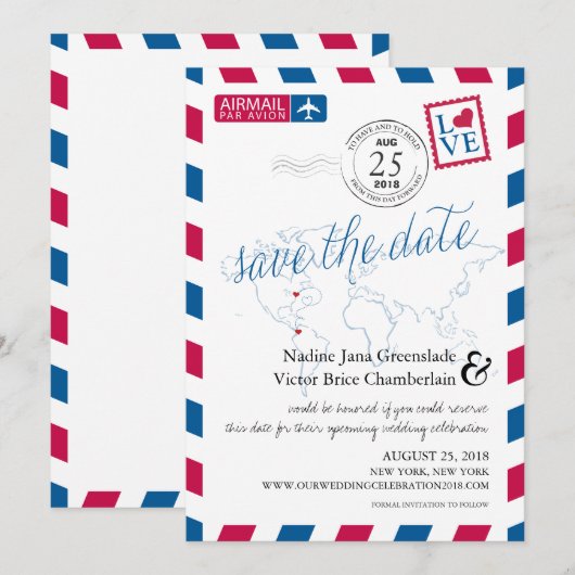 Airmail Heart New York en Colombia Save the Date (Voorkant / Achterkant)