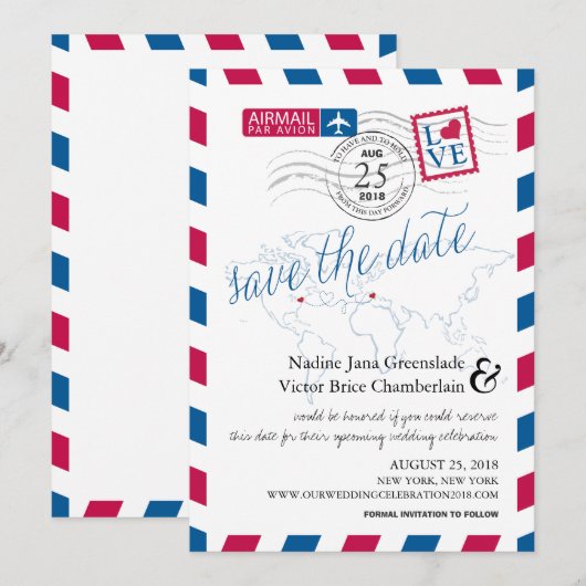 Airmail Heart New York en Italië Save the Date (Voorkant / Achterkant)