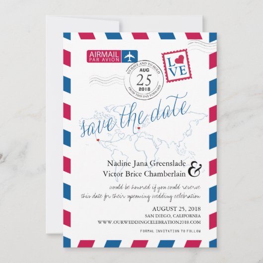 Airmail Heart New York en Italië Save the Date (Voorkant)