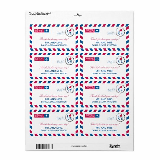 Airmail Love Wedding Hartelijk dank Etiket (Full Sheet)