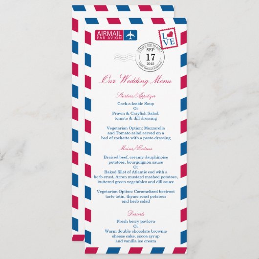 Airmail Red Blue Stripes Wedding Menu (Voorkant / Achterkant)