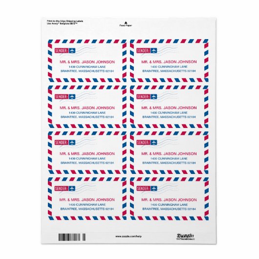 Airmail RETURN ADRES-mailadres Etiket (Full Sheet)