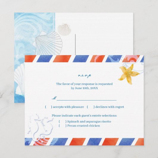 Airmail SeaHorse Beach Wedding Menu Keuze RSVP (Voorkant / Achterkant)