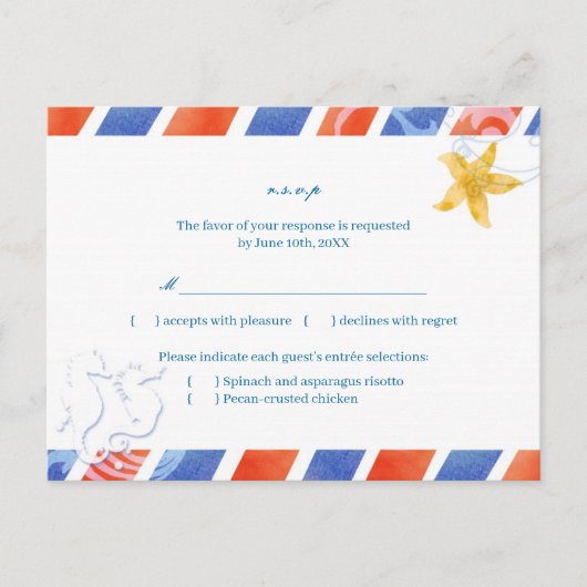 Airmail SeaHorse Beach Wedding Menu Keuze RSVP (Voorkant)