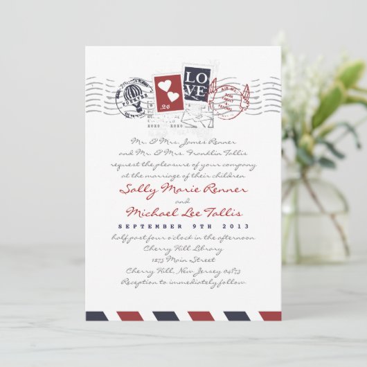 Airmail Stamps Love Letter Weduwen Uitnodiging (Staand voorkant)