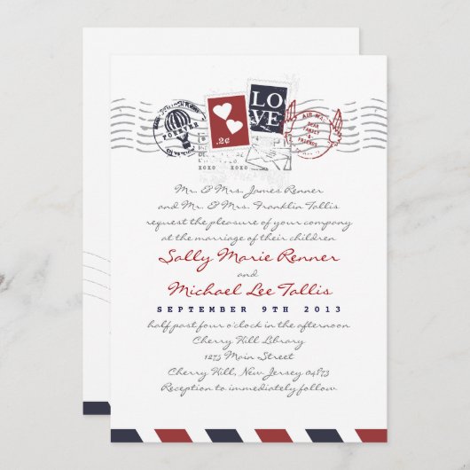 Airmail Stamps Love Letter Weduwen Uitnodiging (Voorkant / Achterkant)