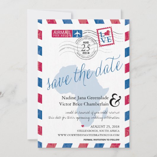 Airmail uit Kaapstad Zuid-Afrika sparen de datum Save The Date (Voorkant)