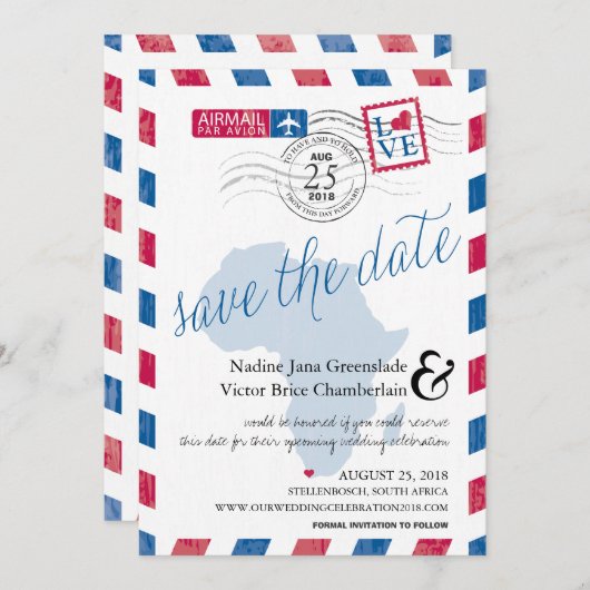 Airmail uit Kaapstad Zuid-Afrika sparen de datum Save The Date (Voorkant / Achterkant)