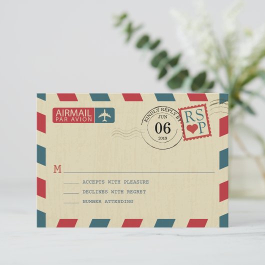  Airmail Wedding RSVP Kaart (Staand voorkant)