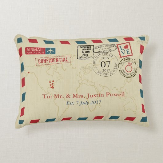 Airmail Wedding Travel Thema Decoratief Kussen (Voorkant)