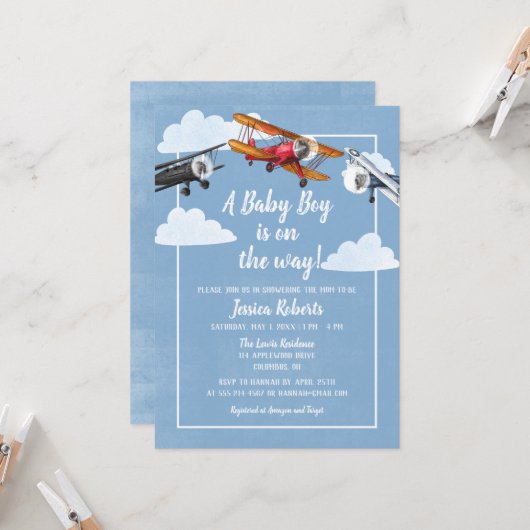 Airplane Adventure Baby Boy Shower Invitation Kaart (Voorkant / Achterkant in situ)