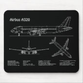 Airplane Airbus A320 in Blueprint Drawing PD Muismat (Voorkant)