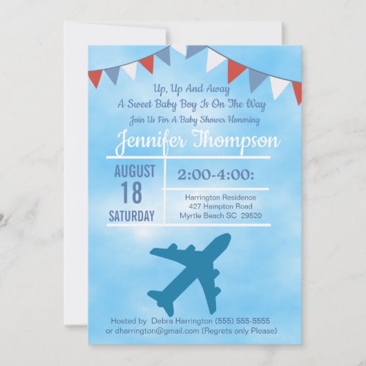 Airplane Baby Boy Shower-uitnodiging Kaart (Voorkant)