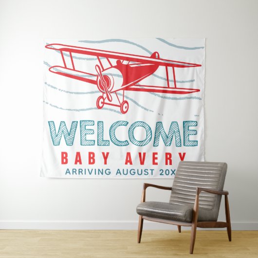 Airplane Baby Shower Welkom Baby Wandkleed (In Situ (horizontaal))