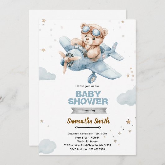 Airplane Bear Baby Shower Invitation Kaart (Voorkant / Achterkant)