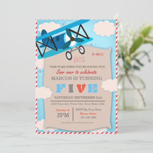 Airplane Birthday Invitation for Pilot Boy Kaart (Staand voorkant)