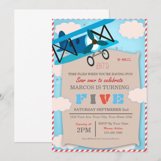 Airplane Birthday Invitation for Pilot Boy Kaart (Voorkant / Achterkant)