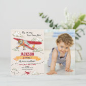 Airplane Birthday Photo Invitation Vintage Retro Kaart (Staand voorkant)