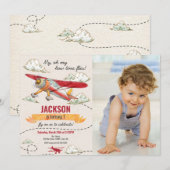 Airplane Birthday Photo Invitation Vintage Retro Kaart (Voorkant / Achterkant)