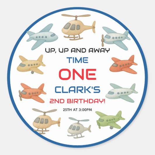 Airplane Boy 1st Birthday | Fun Sky Theme Party Ronde Sticker (Voorkant)