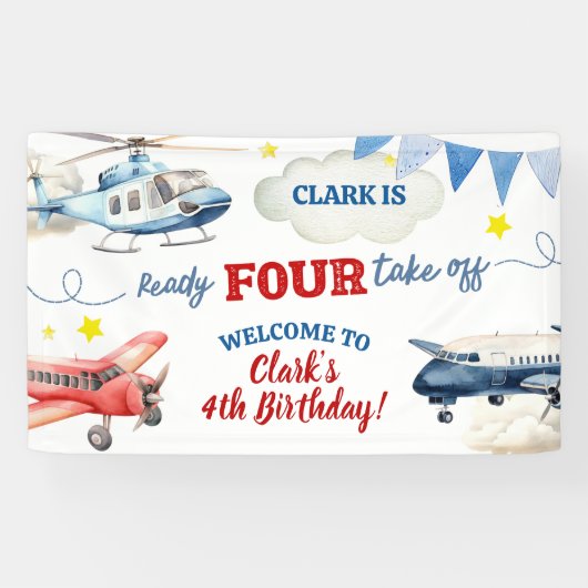 Airplane Boy 4th Birthday Large Banner (Horizontaal)