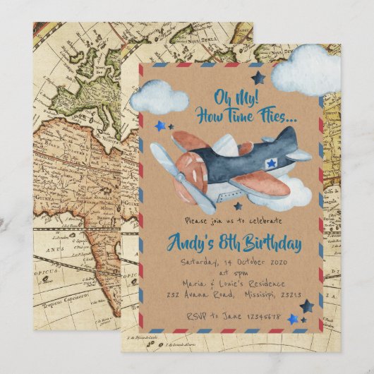 Airplane Boy Birthday  Invitation Kaart (Voorkant / Achterkant)
