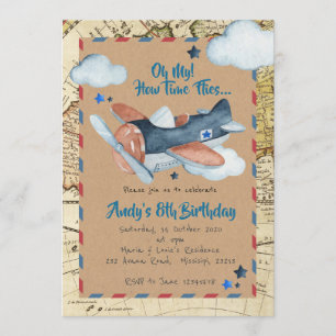 Airplane Boy Birthday  Invitation Kaart