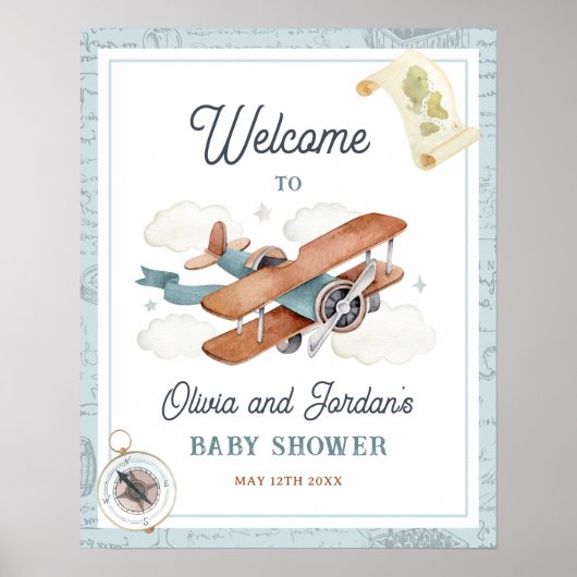  Airplane Boy Travel Baby shower Welkom Poster (Voorkant)