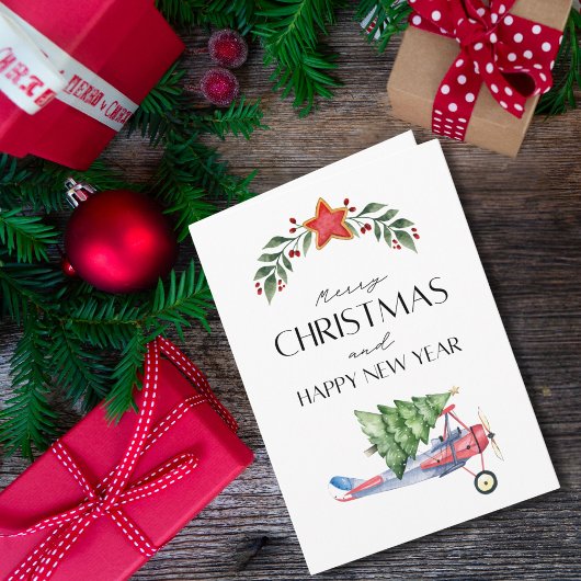 Airplane carries Christmas Tree Family Photo Funny Kaart