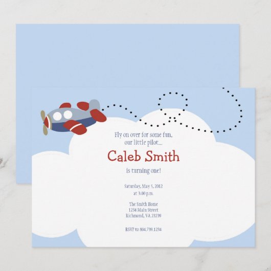 Airplane Cloud 1 Birthday Invitation Kaart (Voorkant / Achterkant)
