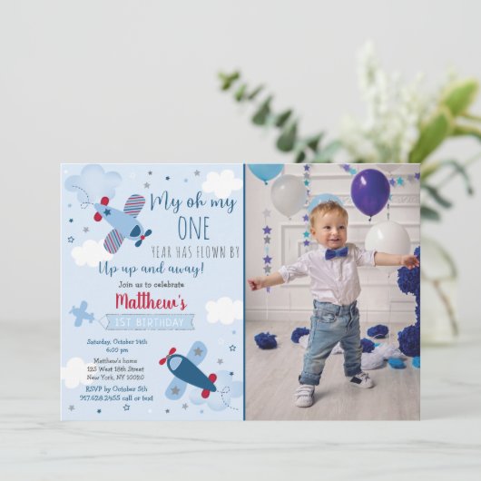 Airplane Clouds Boy First Birthday Kaart (Staand voorkant)