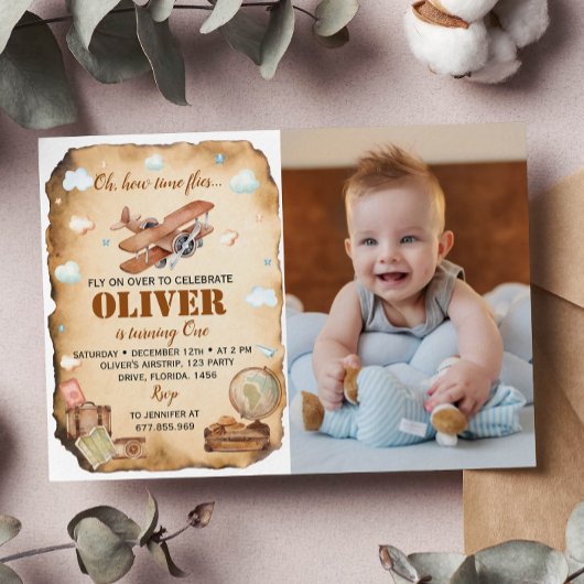 Airplane First Birthday Photo Invitation Bedankkaart