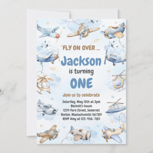 Airplane Fly On Over Boy Birthday Invitation Kaart (Voorkant)