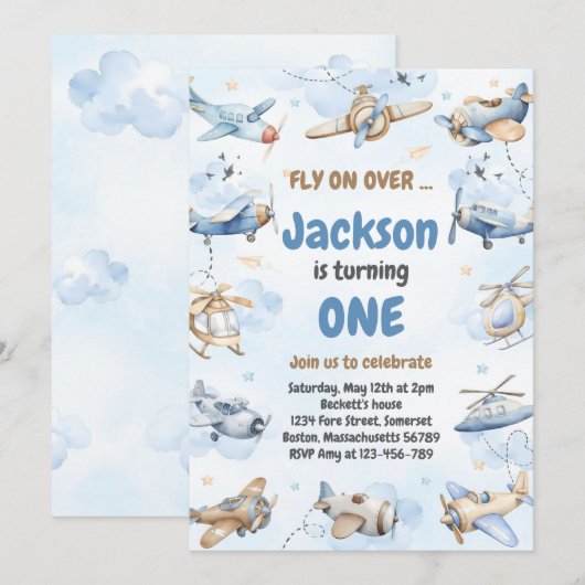 Airplane Fly On Over Boy Birthday Invitation Kaart (Voorkant / Achterkant)
