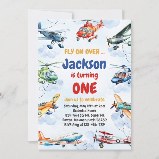 Airplane Fly On Over Boy Birthday Invitation Kaart (Voorkant)