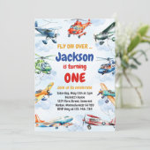 Airplane Fly On Over Boy Birthday Invitation Kaart (Staand voorkant)