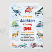 Airplane Fly On Over Boy Birthday Invitation Kaart (Voorkant / Achterkant)