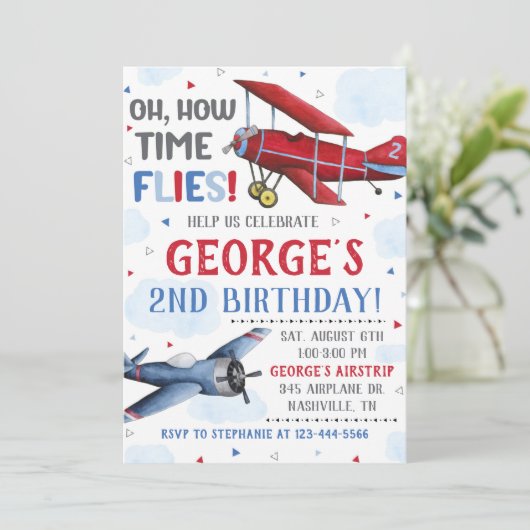 Airplane Invitation Boy Airplane Birthday Party Kaart (Staand voorkant)