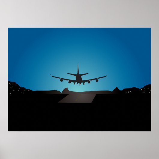 Airplane Landing Silhouette bij nacht Poster (Voorkant)
