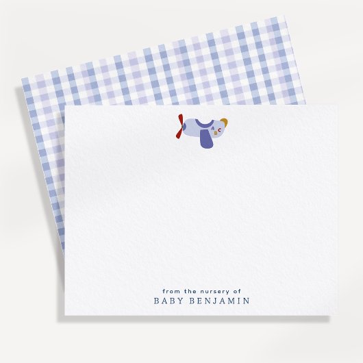 Airplane Nursery Note Card with Blue Gingham Back Aankondiging