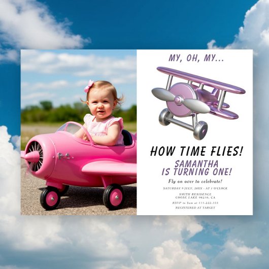 Airplane Oh My Time Flies Travel First Birthday Kaart