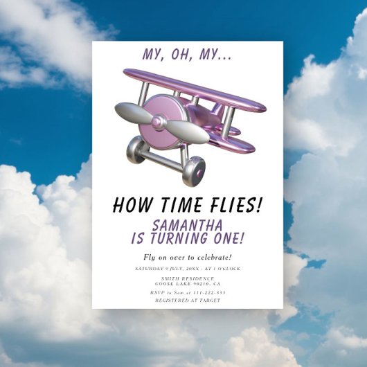 Airplane Oh My Time Flies Travel First Birthday Kaart