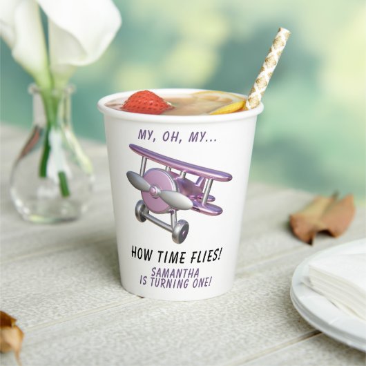 Airplane Oh My Time Flies Travel First Birthday Papieren Bekers (Insitu)