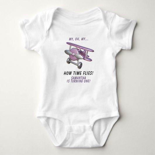 Airplane Oh My Time Flies Travel First Birthday  Romper (Voorkant)